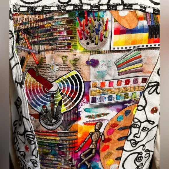 Handmade Upcycled White Denim Jacket Small Artist Embroidered One-of-a-Kind Coat - Picture 4 of 9